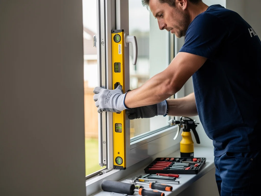 Poseur installant un cadre de fenêtre PVC blanc lors d'un chantier de remplacement