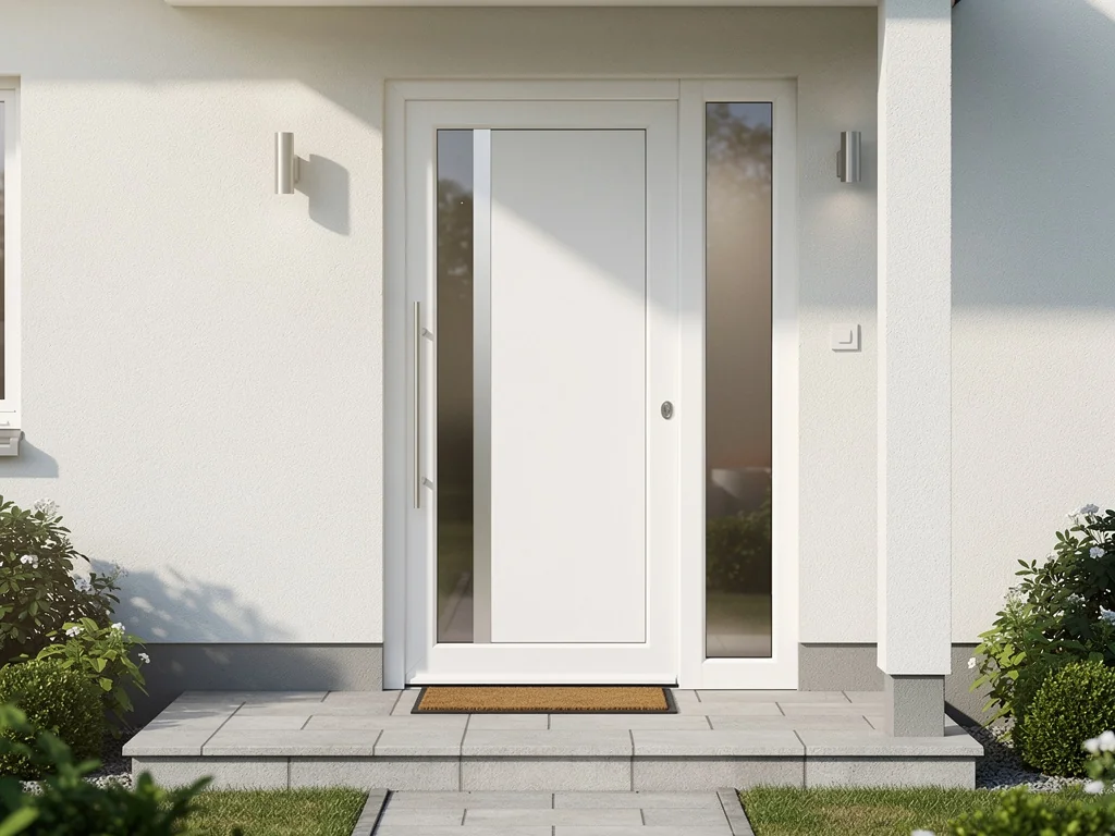 Porte d'entrée PVC blanche contemporaine sur la façade d'une maison rénovée